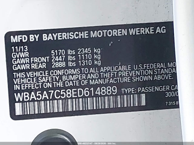 2014 Bmw 528i Xdrive მანქანა იყიდება აუქციონზე, vin: WBA5A7C58ED614889, აუქციონის ნომერი: 46232147