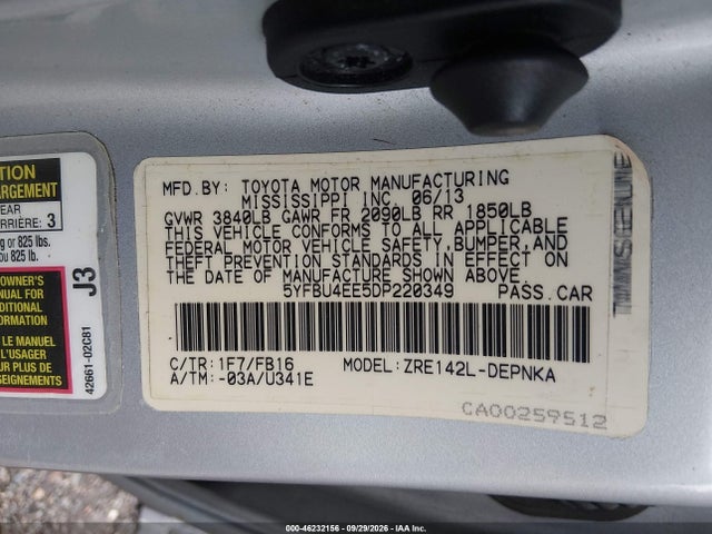 Aukcja sprzedaży 2013 Toyota Corolla Le, vin: 5YFBU4EE5DP220349, numer aukcji: 46232156