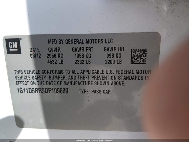 Продаж на аукціоні авто 2013 Chevrolet Malibu Eco, vin: 1G11D5RR9DF109639, номер лоту: 46232169