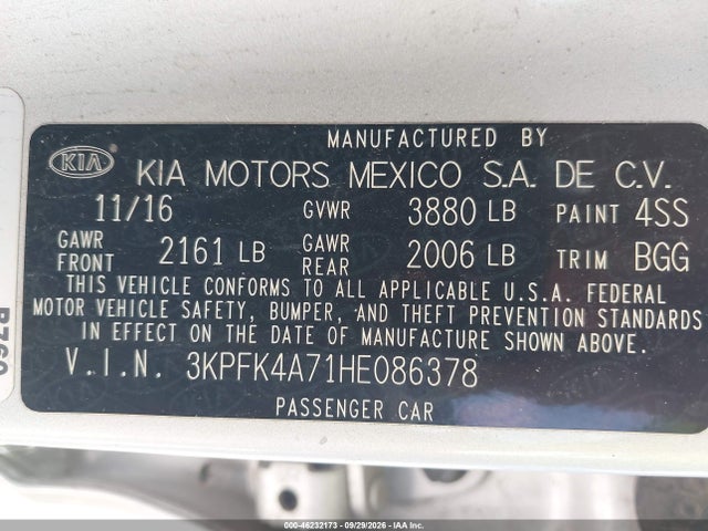 Auction sale of the 2017 Kia Forte Lx, vin: 3KPFK4A71HE086378, lot number: 46232173
