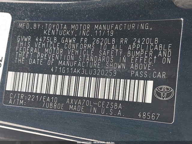 Aukcja sprzedaży 2020 Toyota Camry Se, vin: 4T1G11AK3LU320259, numer aukcji: 46232183
