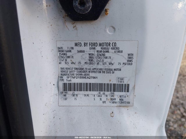 46232194 :رقم المزاد ، 1FTNF21559EA27561 vin ، 2009 Ford F-250 Xl/xlt مزاد بيع