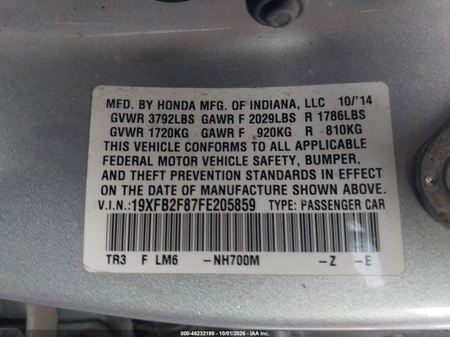 Продаж на аукціоні авто 2015 Honda Civic Ex, vin: 19XFB2F87FE205859, номер лоту: 46232198