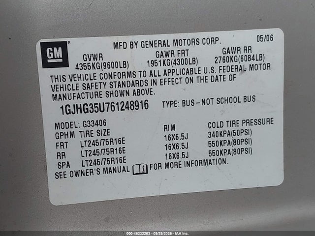 46232203 :رقم المزاد ، 1GJHG35U761248916 vin ، 2006 Gmc Savana Ls مزاد بيع