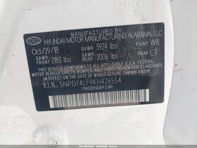 Продаж на аукціоні авто 2019 Hyundai Elantra Se, vin: 5NPD74LF9KH426554, номер лоту: 46232208
