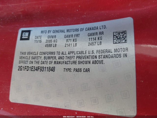 46232241 :رقم المزاد ، 2G1FD1E34F9311848 vin ، 2015 Chevrolet Camaro 1lt مزاد بيع