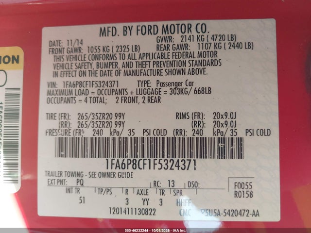 2015 Ford Mustang Gt Premium მანქანა იყიდება აუქციონზე, vin: 1FA6P8CF1F5324371, აუქციონის ნომერი: 46232244