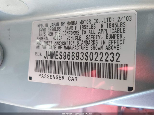 46232257 :رقم المزاد ، JHMES96693S022232 vin ، 2003 Honda Civic Hybrid مزاد بيع