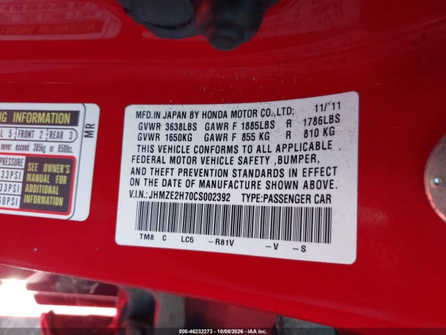 Aukcja sprzedaży 2012 Honda Insight Ex, vin: JHMZE2H70CS002392, numer aukcji: 46232273