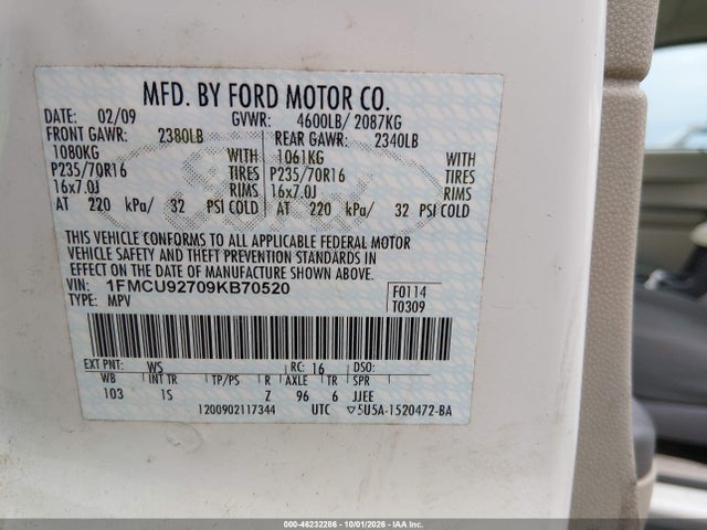 2009 Ford Escape Xls მანქანა იყიდება აუქციონზე, vin: 1FMCU92709KB70520, აუქციონის ნომერი: 46232286