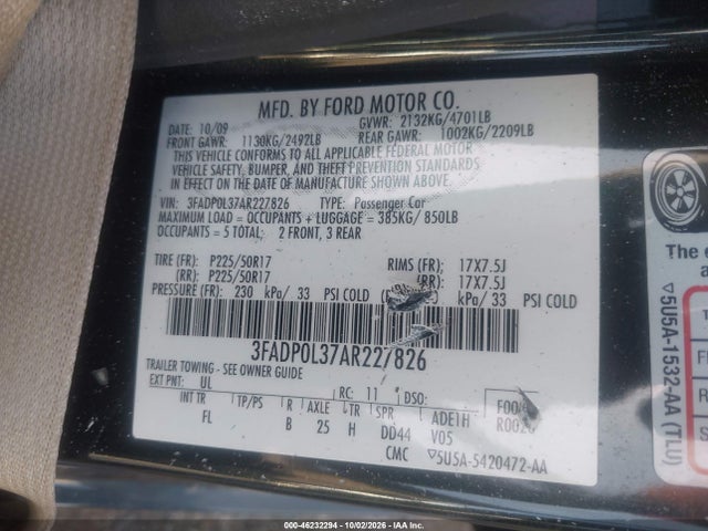 2010 Ford Fusion Hybrid მანქანა იყიდება აუქციონზე, vin: 3FADP0L37AR227826, აუქციონის ნომერი: 46232294