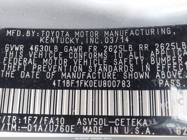 Продаж на аукціоні авто 2014 Toyota Camry L, vin: 4T1BF1FK0EU800783, номер лоту: 46232307