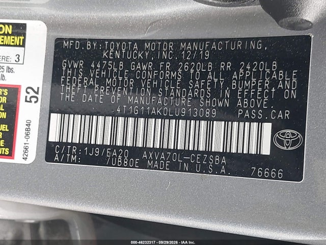 Aukcja sprzedaży 2020 Toyota Camry Se, vin: 4T1G11AK0LU913089, numer aukcji: 46232317