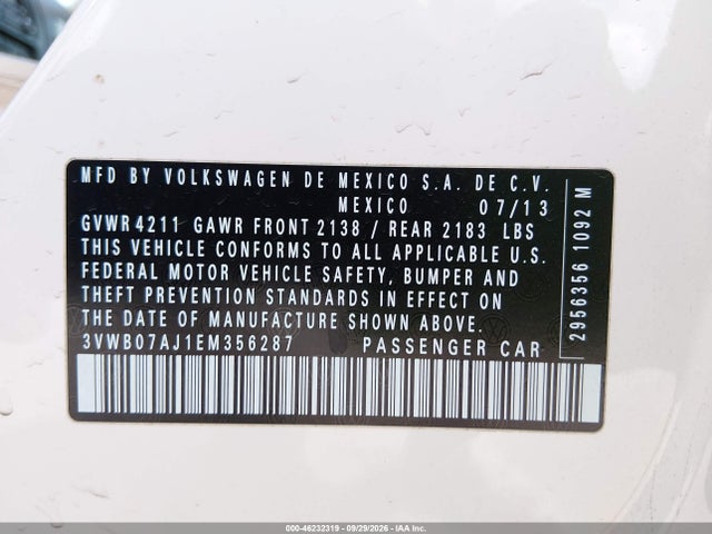 46232319 :رقم المزاد ، 3VWB07AJ1EM356287 vin ، 2014 Volkswagen Jetta 1.8t Se مزاد بيع