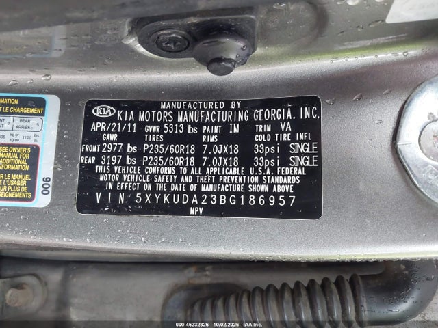 2011 Kia Sorento Ex V6 მანქანა იყიდება აუქციონზე, vin: 5XYKUDA23BG186957, აუქციონის ნომერი: 46232326