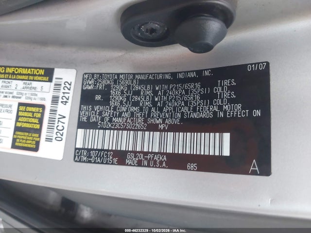 2007 Toyota Sienna Ce/le მანქანა იყიდება აუქციონზე, vin: 5TDZK23C57S022652, აუქციონის ნომერი: 46232329
