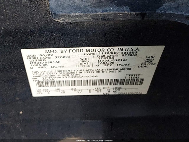 2002 Ford F-350 Lariat/xl/xlt მანქანა იყიდება აუქციონზე, vin: 1FTWW33F42ED48366, აუქციონის ნომერი: 46232330