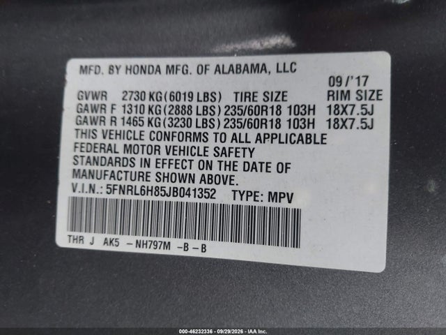 Продажа на аукционе авто 2018 Honda Odyssey Touring, vin: 5FNRL6H85JB041352, номер лота: 46232336