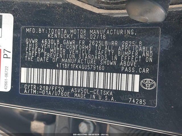 Продажа на аукционе авто 2016 Toyota Camry Se, vin: 4T1BF1FK4GU579160, номер лота: 46232344
