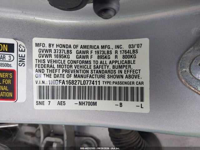 Aukcja sprzedaży 2007 Honda Civic Ex, vin: 1HGFA16827L077411, numer aukcji: 46232353