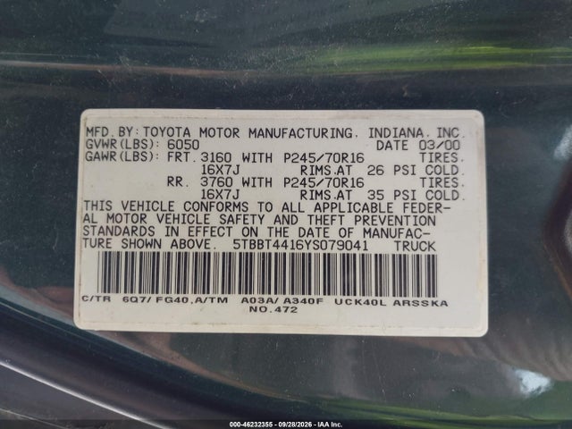 Продажа на аукционе авто 2000 Toyota Tundra Sr5 V8, vin: 5TBBT4416YS079041, номер лота: 46232355