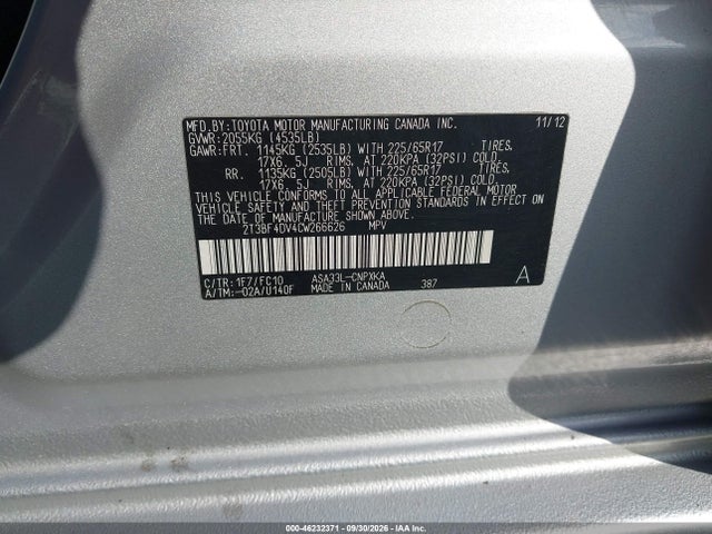 46232371 :رقم المزاد ، 2T3BF4DV4CW266626 vin ، 2012 Toyota Rav4 مزاد بيع