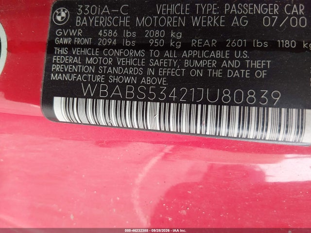 2001 Bmw 330ci მანქანა იყიდება აუქციონზე, vin: WBABS53421JU80839, აუქციონის ნომერი: 46232388