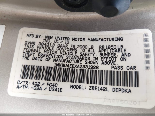 Продажа на аукционе авто 2010 Toyota Corolla Le, vin: 1NXBU4EEXAZ331926, номер лота: 46232412