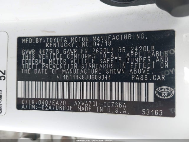Продаж на аукціоні авто 2018 Toyota Camry Se, vin: 4T1B11HK8JU609344, номер лоту: 46232420