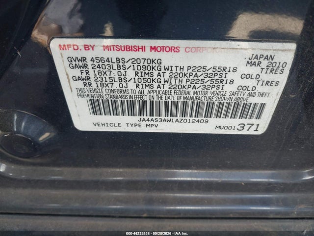 46232438 :رقم المزاد ، JA4AS3AW1AZ012409 vin ، 2010 Mitsubishi Outlander Se مزاد بيع