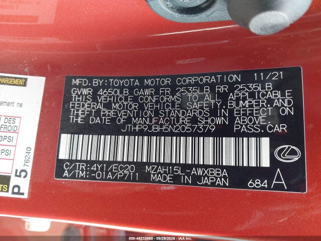 Продажа на аукционе авто 2022 Lexus Ux 250h, vin: JTHP9JBH5N2057379, номер лота: 46232460