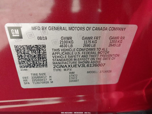 Aukcja sprzedaży 2020 Chevrolet Equinox Awd Lt 1.5l Turbo, vin: 2GNAXUEV3L6136007, numer aukcji: 46232464