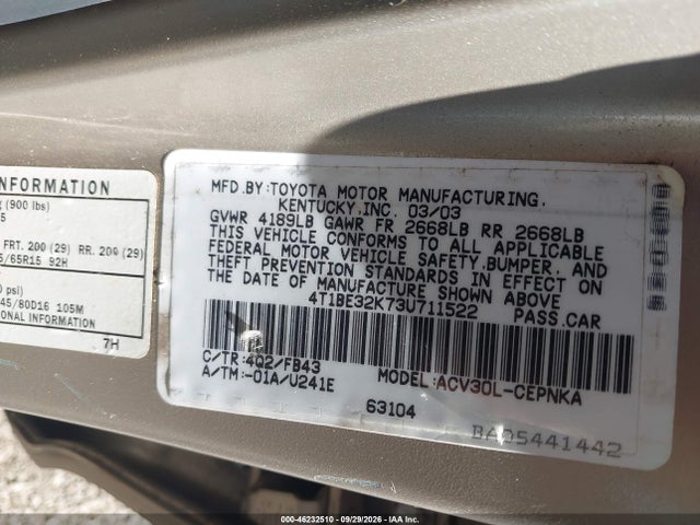 Продажа на аукционе авто 2003 Toyota Camry Le, vin: 4T1BE32K73U711522, номер лота: 46232510