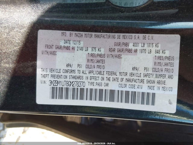 2016 Mazda Mazda3 I Sport მანქანა იყიდება აუქციონზე, vin: 3MZBM1U78GM278370, აუქციონის ნომერი: 46232519