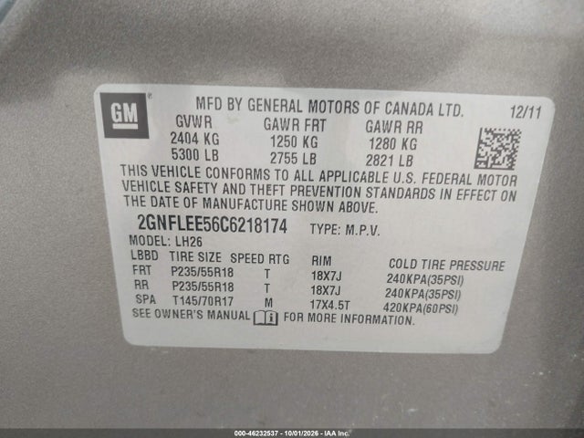 46232537 :رقم المزاد ، 2GNFLEE56C6218174 vin ، 2012 Chevrolet Equinox Lt مزاد بيع