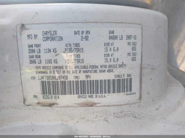 1992 Jeep Cherokee Sport მანქანა იყიდება აუქციონზე, vin: 1J4FT88S9NL207458, აუქციონის ნომერი: 46232543
