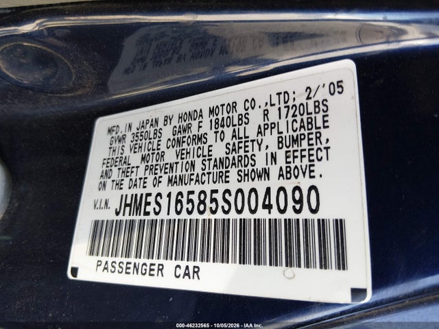46232565 :رقم المزاد ، JHMES16585S004090 vin ، 2005 Honda Civic Lx مزاد بيع