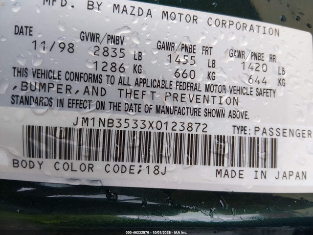 46232576 :رقم المزاد ، JM1NB3533X0123872 vin ، 1999 Mazda Mx-5 Miata Leather Pkg/popular Equipment Pkg/sports Pkg/touring Pkg مزاد بيع