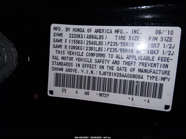 46232587 :رقم المزاد ، 5J8TB1H29AA008064 vin ، 2010 Acura Rdx مزاد بيع