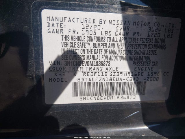 Продаж на аукціоні авто 2021 Nissan Versa Sv Xtronic Cvt, vin: 3N1CN8EV0ML836873, номер лоту: 46232589
