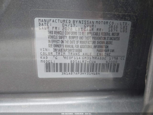 46232604 :رقم المزاد ، 3N1AB7AP3HY314684 vin ، 2017 Nissan Sentra Sr مزاد بيع