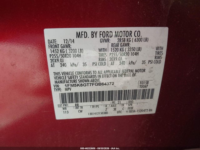 Aukcja sprzedaży 2015 Ford Explorer Sport, vin: 1FM5K8GT7FGB64372, numer aukcji: 46232608