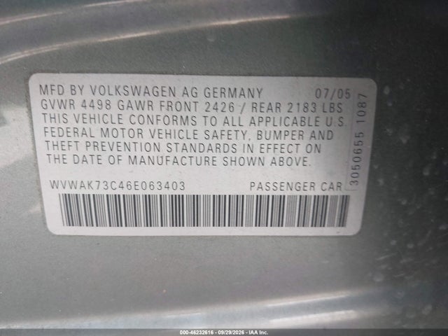 Продажа на аукционе авто 2006 Volkswagen Passat 2.0t, vin: WVWAK73C46E063403, номер лота: 46232616