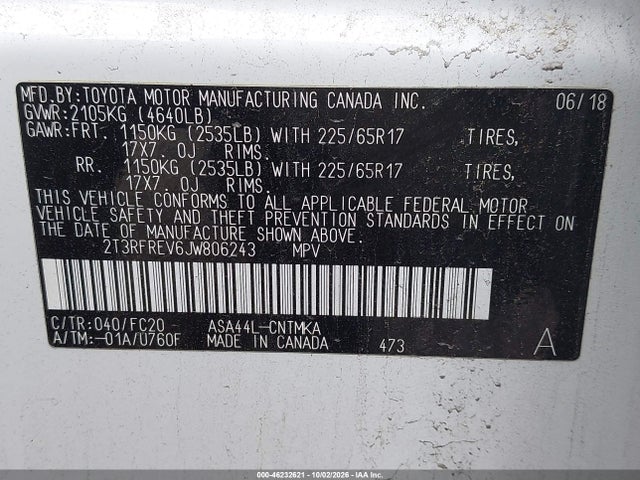 Aukcja sprzedaży 2018 Toyota Rav4 Xle, vin: 2T3RFREV6JW806243, numer aukcji: 46232621