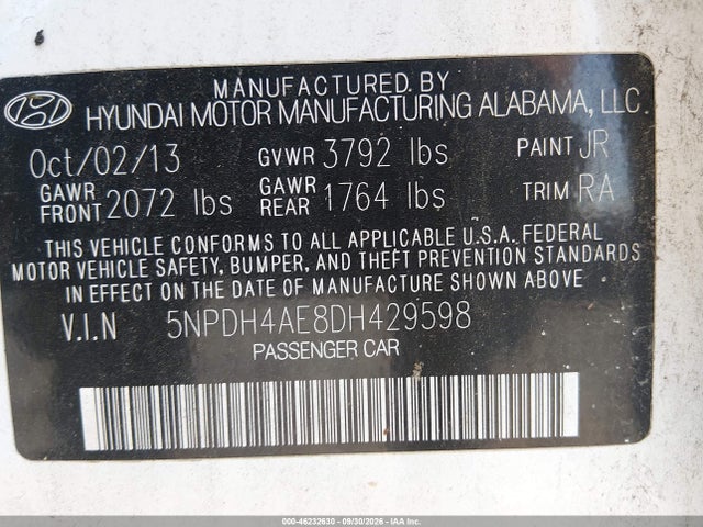 Продаж на аукціоні авто 2013 Hyundai Elantra Gls, vin: 5NPDH4AE8DH429598, номер лоту: 46232630
