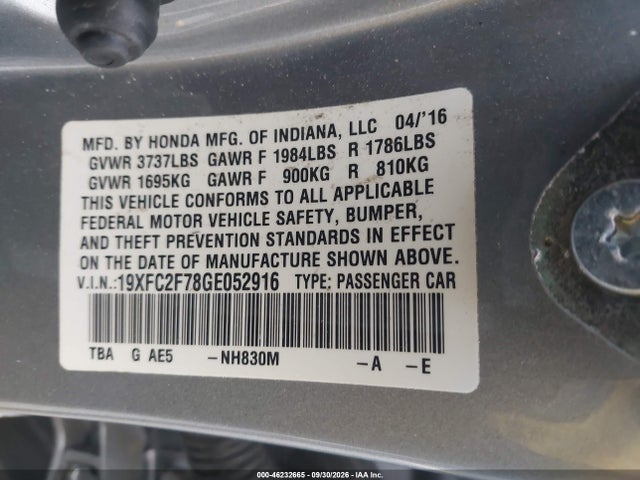 2016 Honda Civic Ex მანქანა იყიდება აუქციონზე, vin: 19XFC2F78GE052916, აუქციონის ნომერი: 46232665