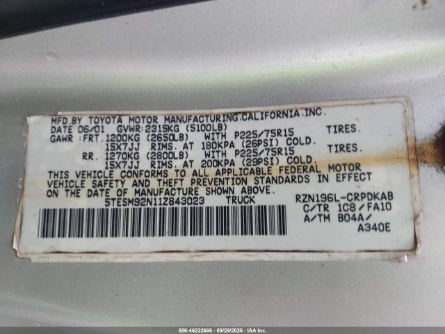 Продаж на аукціоні авто 2001 Toyota Tacoma Prerunner, vin: 5TESM92N11Z843023, номер лоту: 46232666