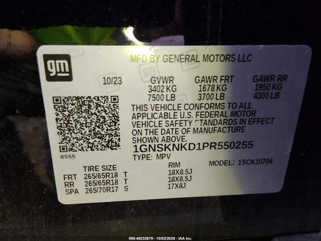 Aukcja sprzedaży 2023 Chevrolet Tahoe 4wd Lt, vin: 1GNSKNKD1PR550255, numer aukcji: 46232679
