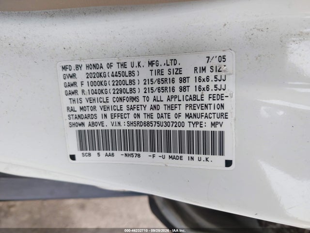 Продажа на аукционе авто 2005 Honda Cr-v Lx, vin: SHSRD68575U307200, номер лота: 46232710