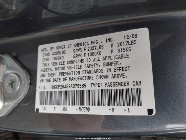 Продаж на аукціоні авто 2009 Honda Accord 2.4 Lx-p, vin: 1HGCP26489A079585, номер лоту: 46232716